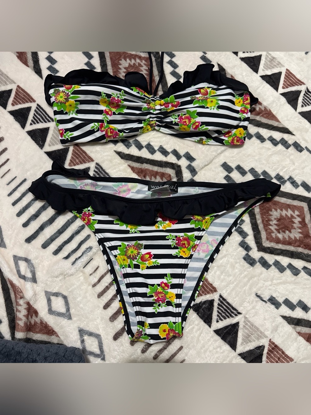 Wet Seal Black & White Striped Floral Ruffle Bikini